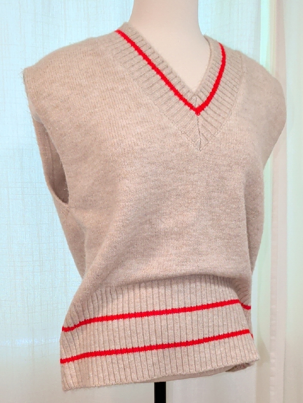SOFT V-Neck Beige Sweater Vest with Red Border